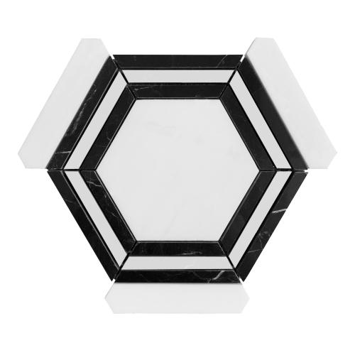 Bianco Dolomite Marble Hexagon with Nero Marquina Black Strips Mosaic Tile Polished