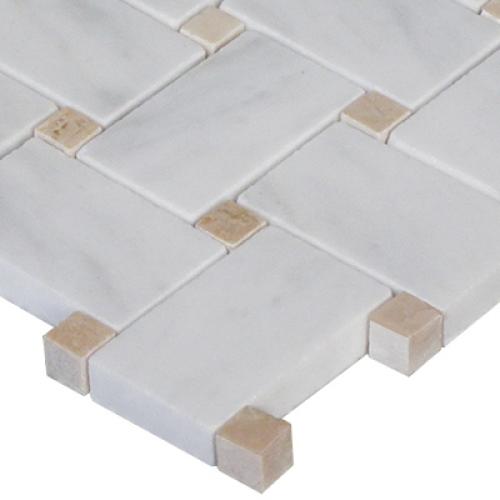 Carrara White Italian Marble Basketweave Mosaic Tile with Crema Marfil Dots Polished