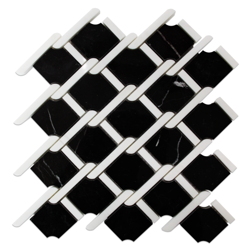 Nero Marquina Black Marble Marbella Lynx Rope Design with Bianco Dolomite White  Strips Mosaic Tile Honed