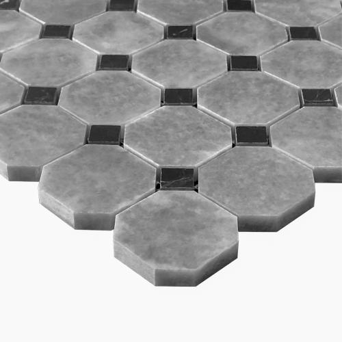 Bardiglio Gray Marble Octagon with Nero Marquina Black Dots Mosaic Tile Polished