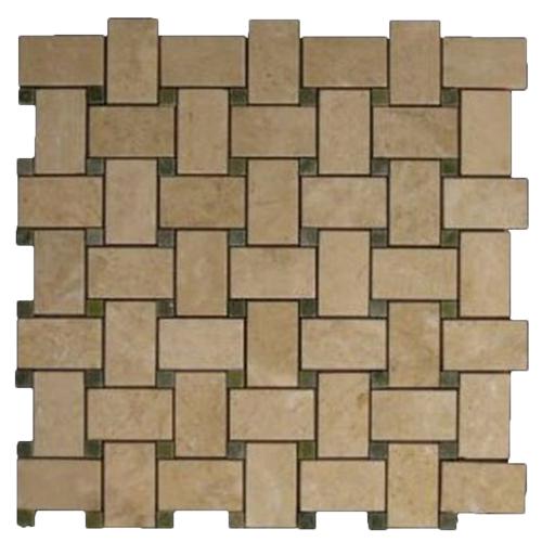 Crema Marfil Marble Basketweave Mosaic Tile with Green Dots Polished