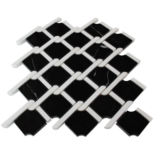 Nero Marquina Black Marble Marbella Lynx Rope Design with Bianco Dolomite White  Strips Mosaic Tile Honed