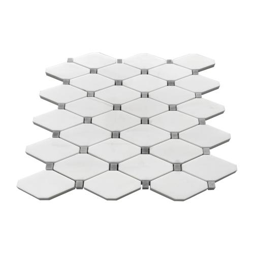 Bianco Dolomite Marble Long Octagon Rhomboid with Bardiglio Dots Mosaic Tile Polished