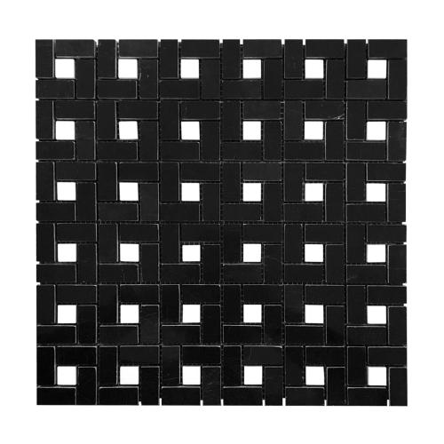 Nero Marquina Black Marble Target Pinwheel Mosaic Tile with Bianco Dolomite Dots Polished