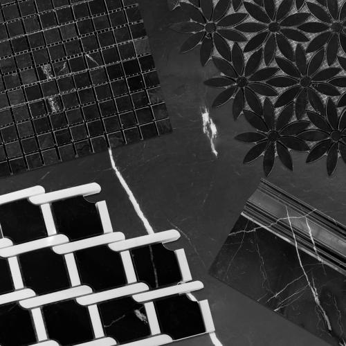 Nero Marquina Black Marble Marbella Lynx Rope Design with Bianco Dolomite White  Strips Mosaic Tile Honed