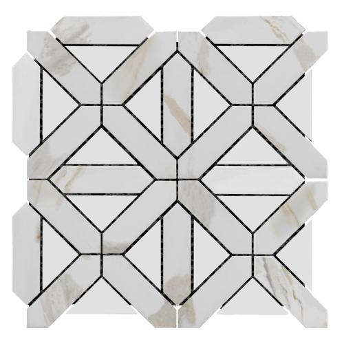 Calacatta Gold Italian Marble with Bianco Dolomite Triangles Geometrica Mosaic Tile Honed