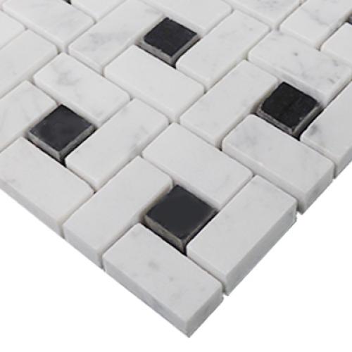 Carrara White ItalianMarble Target Pinwheel Mosaic Tile with Nero Marquina Black Dots Honed