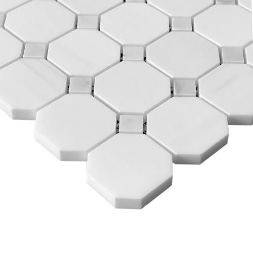 Bianco Dolomite Marble Octagon with Carrara Dots Mosaic Tile Honed