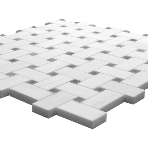 Bianco Dolomite Marble Basketweave Mosaic Tile with Bardiglio Gray Dots Polished