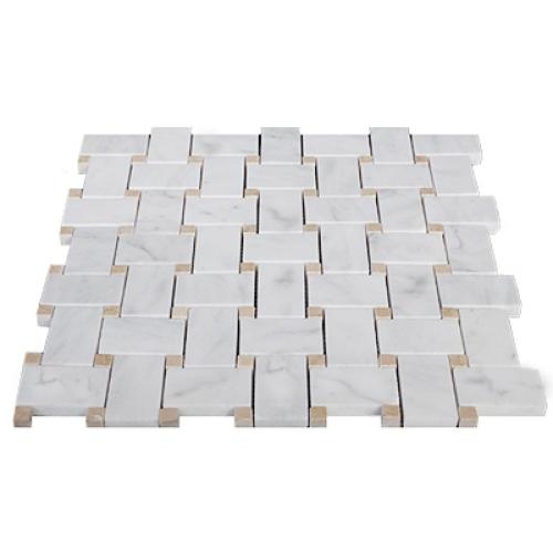 Carrara White Italian Marble Basketweave Mosaic Tile with Crema Marfil Dots Polished