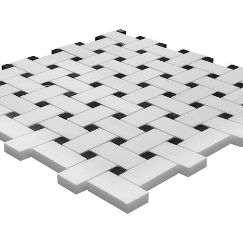 Bianco Dolomite Marble Basketweave Mosaic Tile with Nero Marquina Black Dots Honed