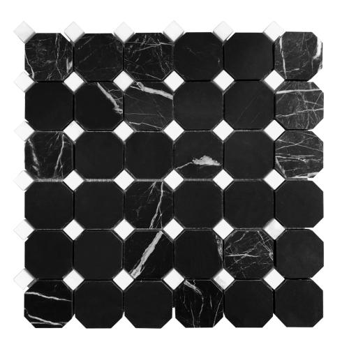 Nero Marquina Black Marble Octagon with Dolomite Dots Mosaic Tile Honed