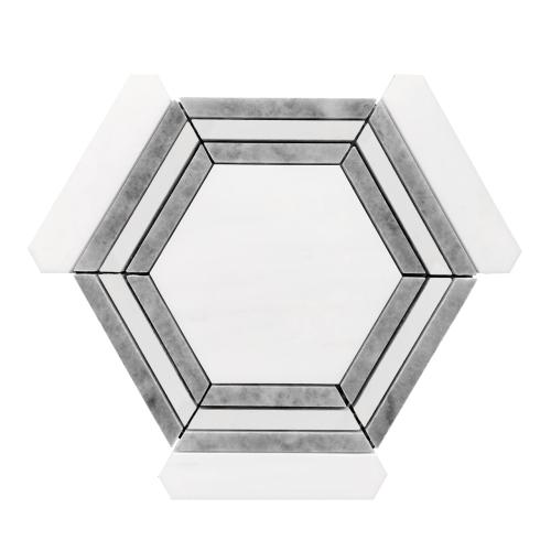 Bianco Dolomite Marble Hexagon with Bardiglio Gray Strips Mosaic Tile Honed