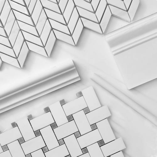 Bianco Dolomite Marble Basketweave Mosaic Tile with Bardiglio Gray Dots Honed