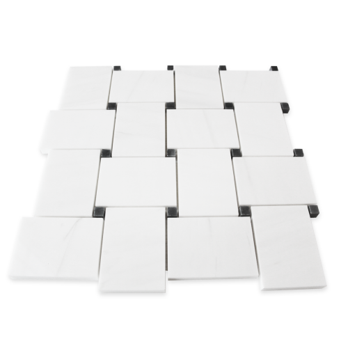 Bianco Dolomite Marble Large Basketweave Mosaic Tile with Black Dots Honed
