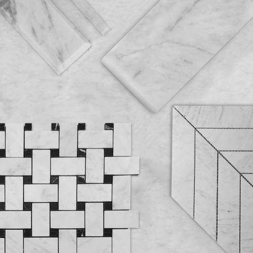 Carrara White Italian Marble Basketweave Mosaic Tile with Nero Marquina Black Dots Honed