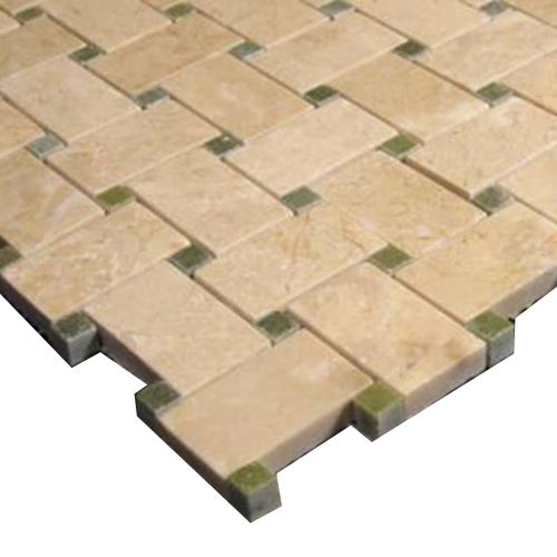 Crema Marfil Marble Basketweave Mosaic Tile with Green Dots Polished