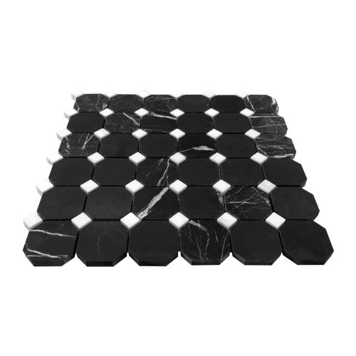 Nero Marquina Black Marble Octagon with Dolomite Dots Mosaic Tile Honed