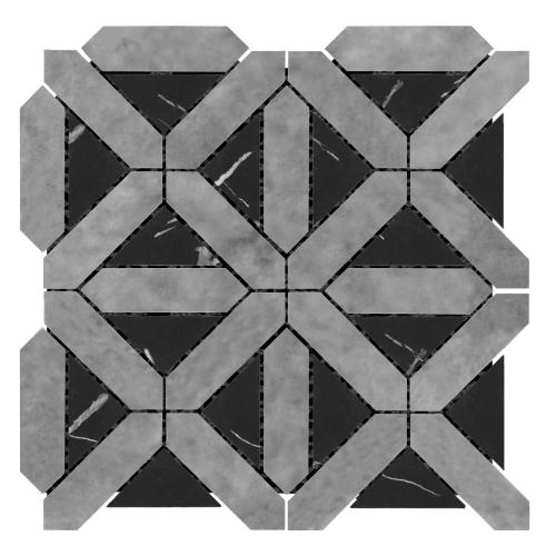 Bardiglio Gray Marble with Nero Marquina Black Triangles Geometrica Mosaic Tile Honed