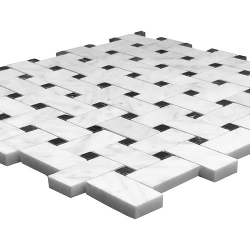 Carrara White Italian Marble Basketweave Mosaic Tile with Nero Marquina Black Dots Honed