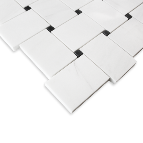 Bianco Dolomite Marble Large Basketweave Mosaic Tile with Black Dots Honed