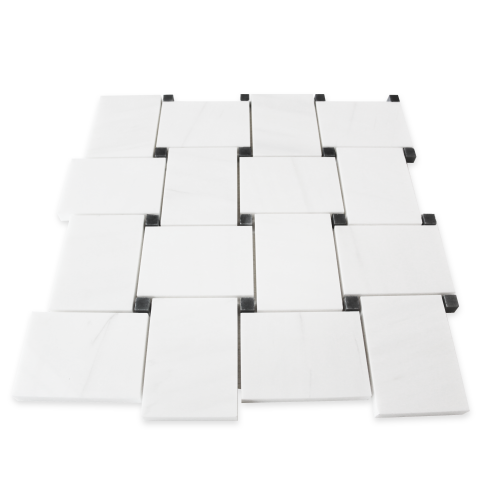 Bianco Dolomite Marble Large Basketweave Mosaic Tile with Nero Marquina Black Dots Polished