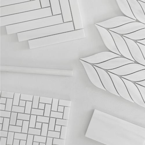 Bianco Dolomite Marble Target Pinwheel Mosaic Tile with Bianco Dolomite Dots Honed