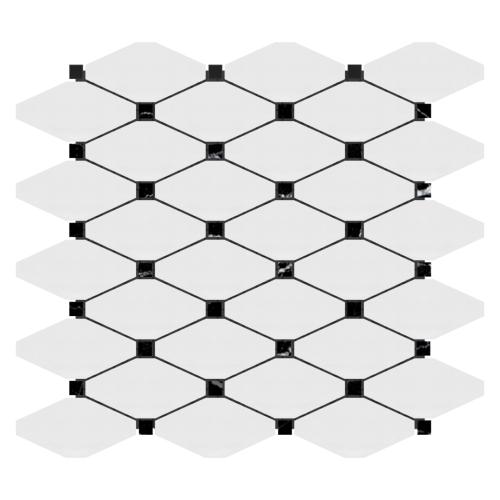 Bianco Dolomite Marble Long Octagon Rhomboid with Black Dots Mosaic Tile Polished