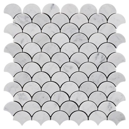 Carrara White Italian Marble Fish Scale Fan Shaped Sea Shell Mosaic Tile Honed