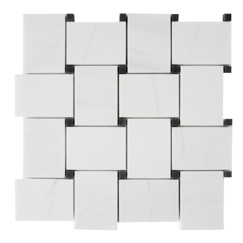 Bianco Dolomite Marble Large Basketweave Mosaic Tile with Black Dots Honed
