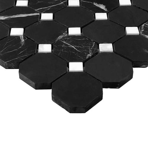Nero Marquina Black Marble Octagon with Dolomite Dots Mosaic Tile Honed
