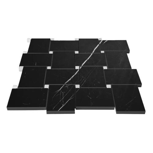 Nero Marquina Black Marble Large Basketweave with Bianco Dolomite Dots Mosaic Tile Honed